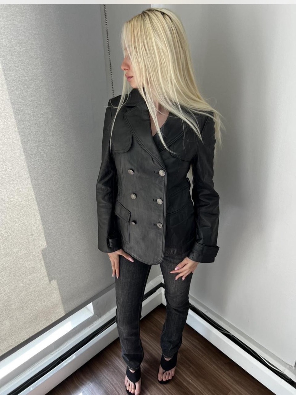 Vintage Black leather double breasted blazer with silver buttons